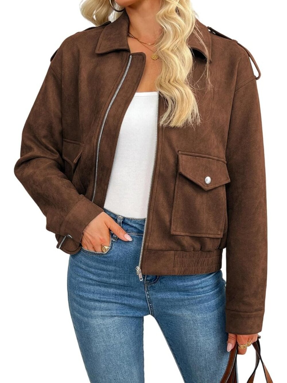 Women's Brown Faux Suede ZIP Up Loose Fit Casual Fall Outerwear Coat Jacket